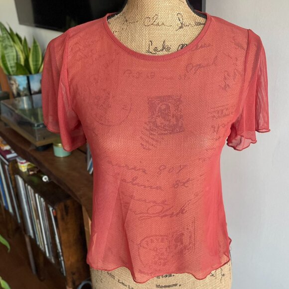 Blue Blush • Red Rust Orange Sheer Mesh Cropped Top | Women’s S/M - Picture 5 of 10